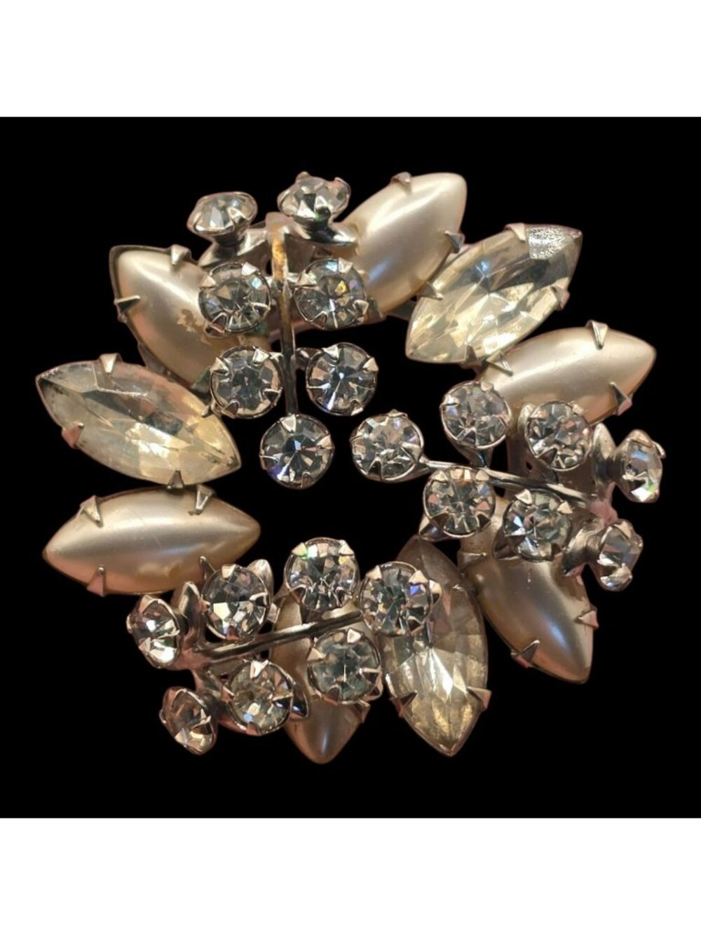 Vintage Glass Rhinestone Faux Pearl Circular Brooch Pin Silver-Tone Leaf Design